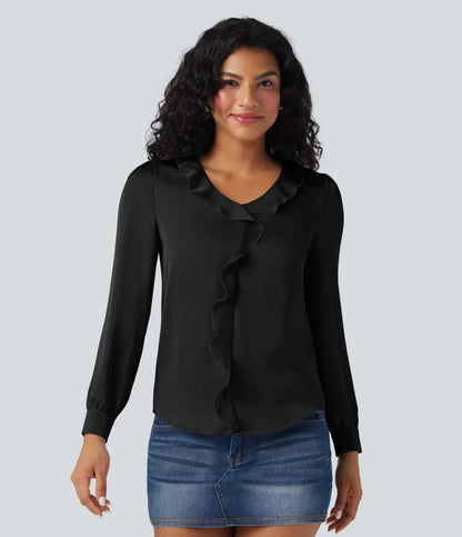Ruffle Trim V-neck Long Sleeve Casual Satin Shirt
