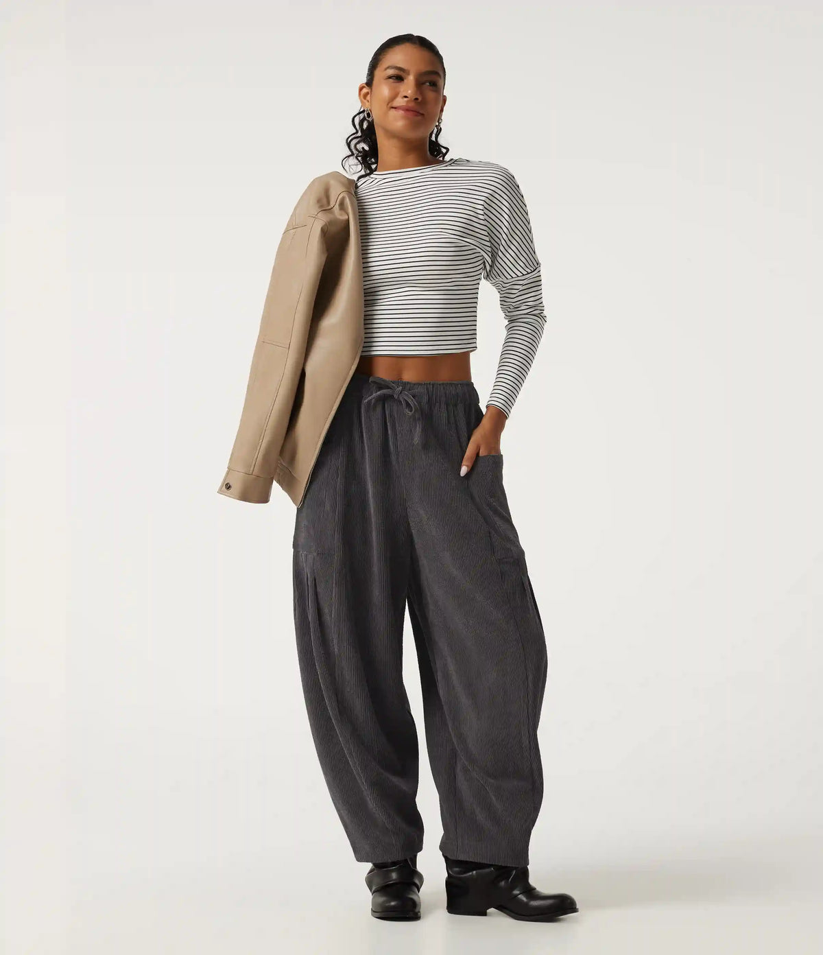 High Waisted Drawstring Corduroy Casual Pants with Pockets
