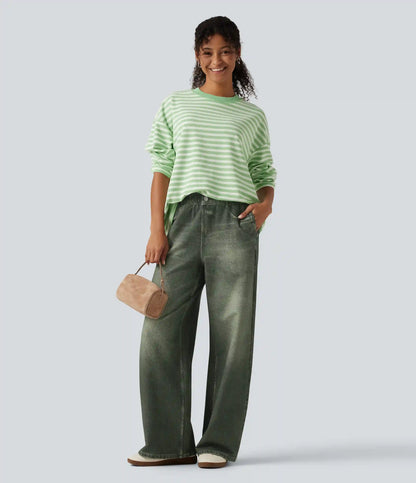 Mid Rise Wide Leg Denim Print French Terry Casual Jeans with Pockets