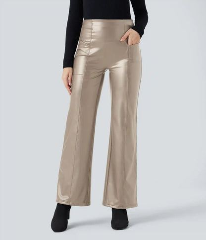 High Waisted Tummy Control Stretchy PU Fleece Casual Flare Pants with Pockets