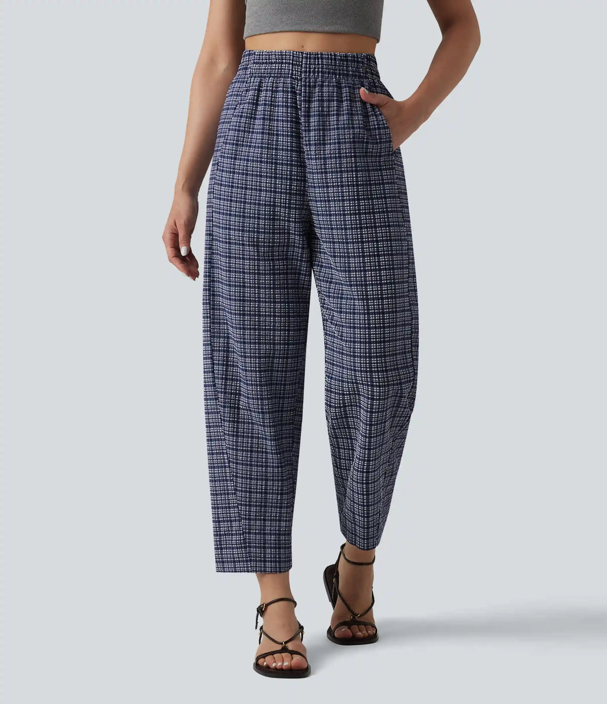 High Waisted Crinkle Plaid Casual Pants with Pockets