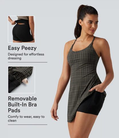 Halara UltraSculpt™ Plaid Print Built-in Bra 2-in-1 Mini Dance Active Dress with Pockets-Easy Peezy Edition