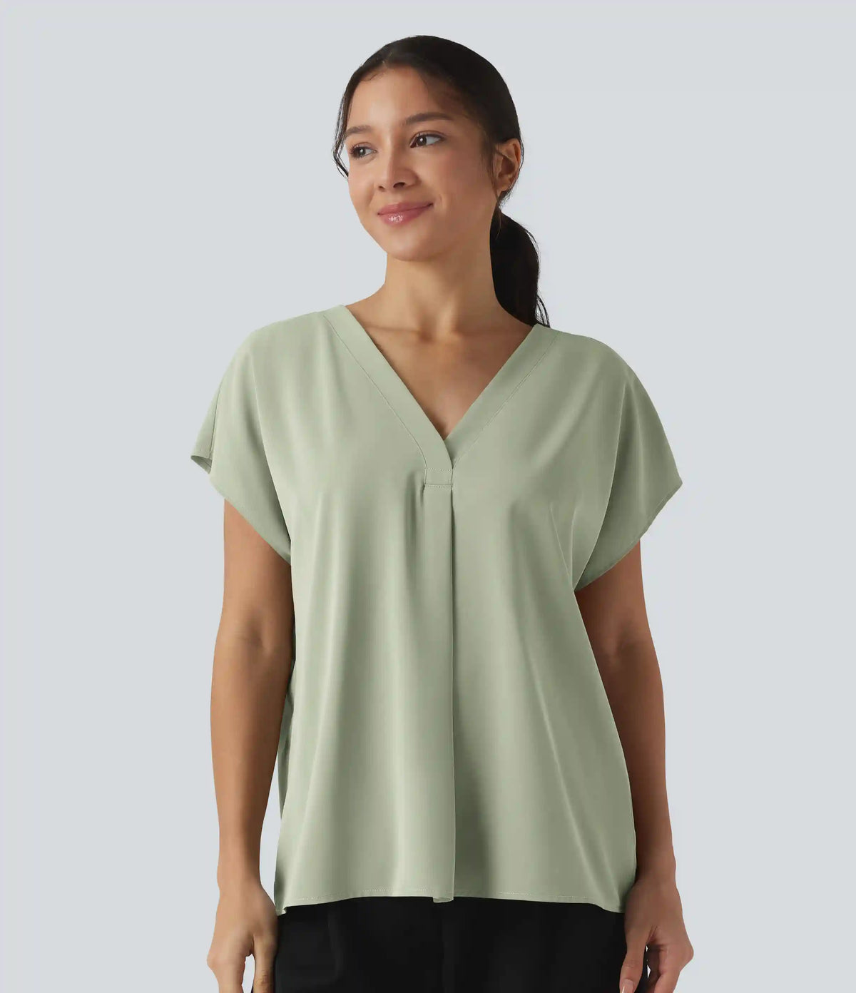 Wrinkle Recovery V-neck Short Sleeve Oversized Work Blouse