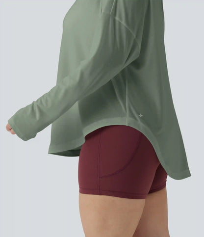 One Shoulder Long Sleeve Thumb Hole Curved Hem High Low Quick Dry Yoga Plus Size Sports Top-Built-in Bra