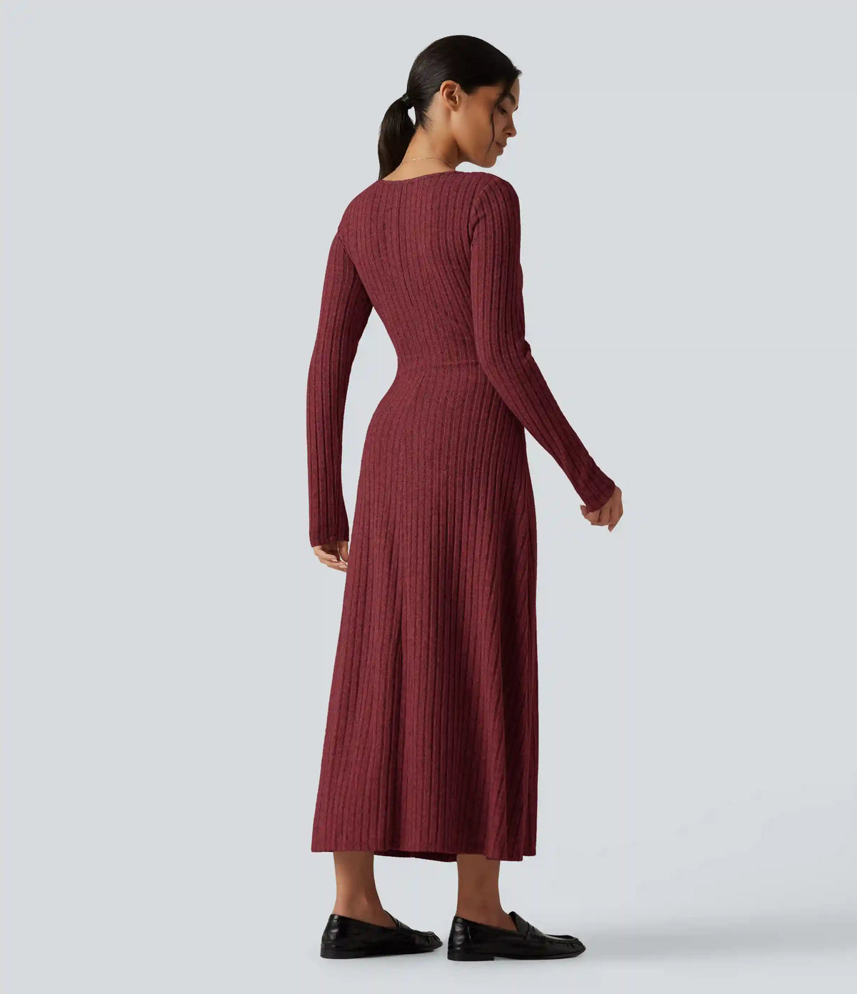 Ribbed Knit U Neck Long Sleeve Midi Casual Dress