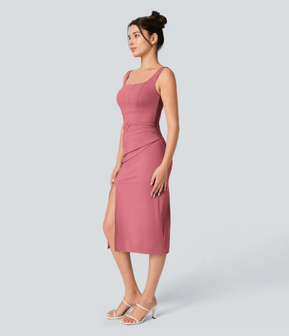 SoftlyZero™ Airy Square Neck Backless Corset Ruched Split Bodycon Midi InstantCool Bridesmaid and Wedding Guest Dress