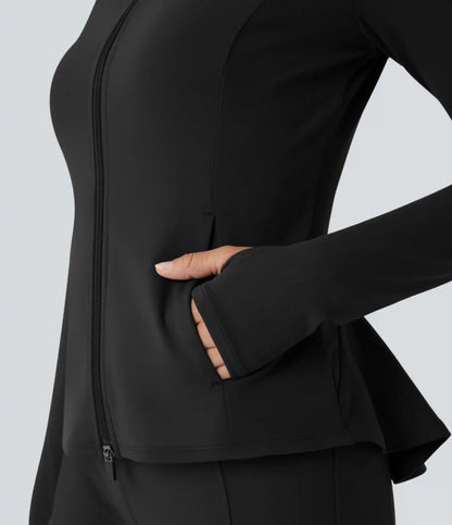 DayStretch Stand Collar Zipper Thumb Hole Ruffle Hem Slim Jacket with Pockets