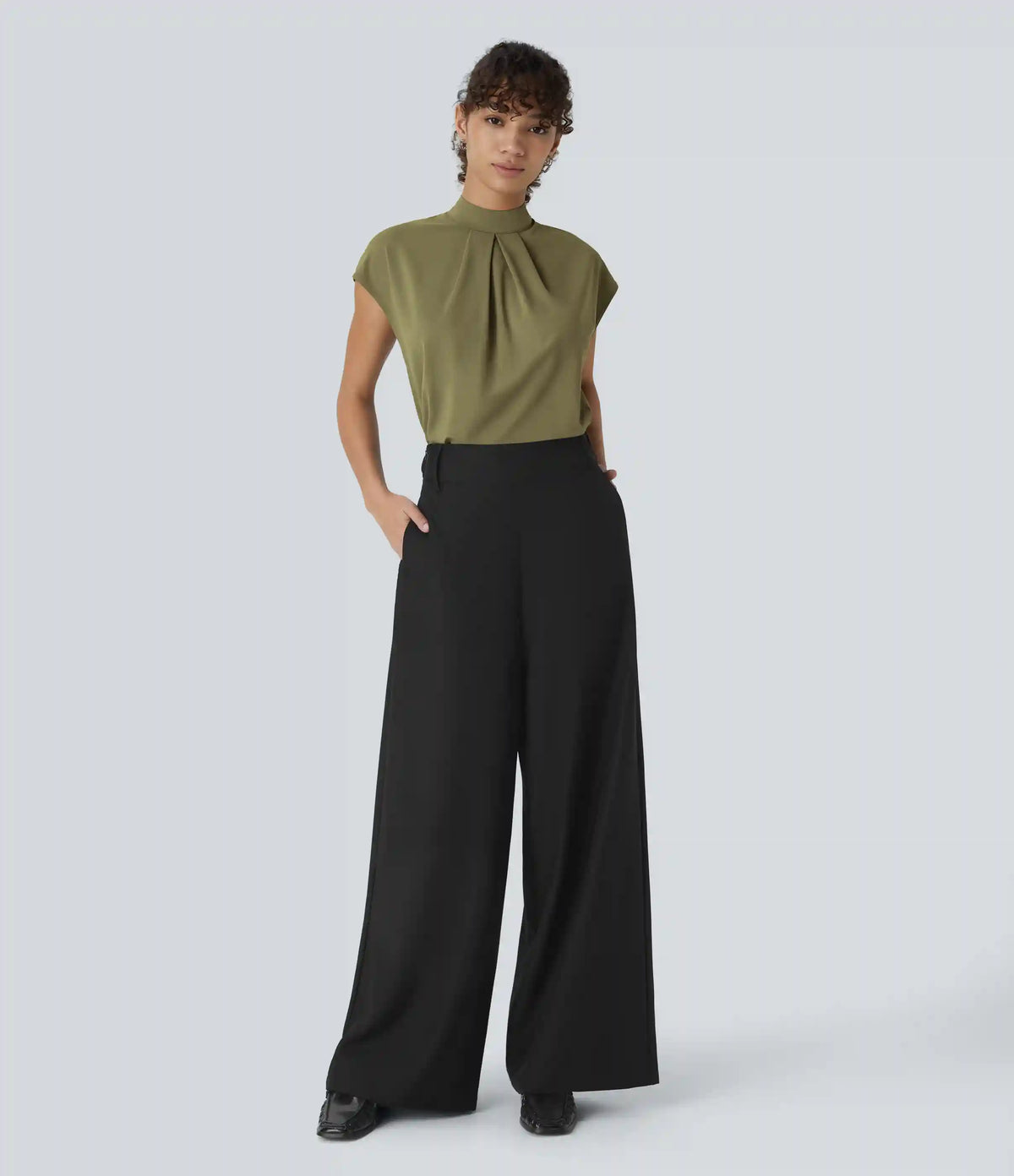 Stand Collar Back Cap Sleeve Work Blouse