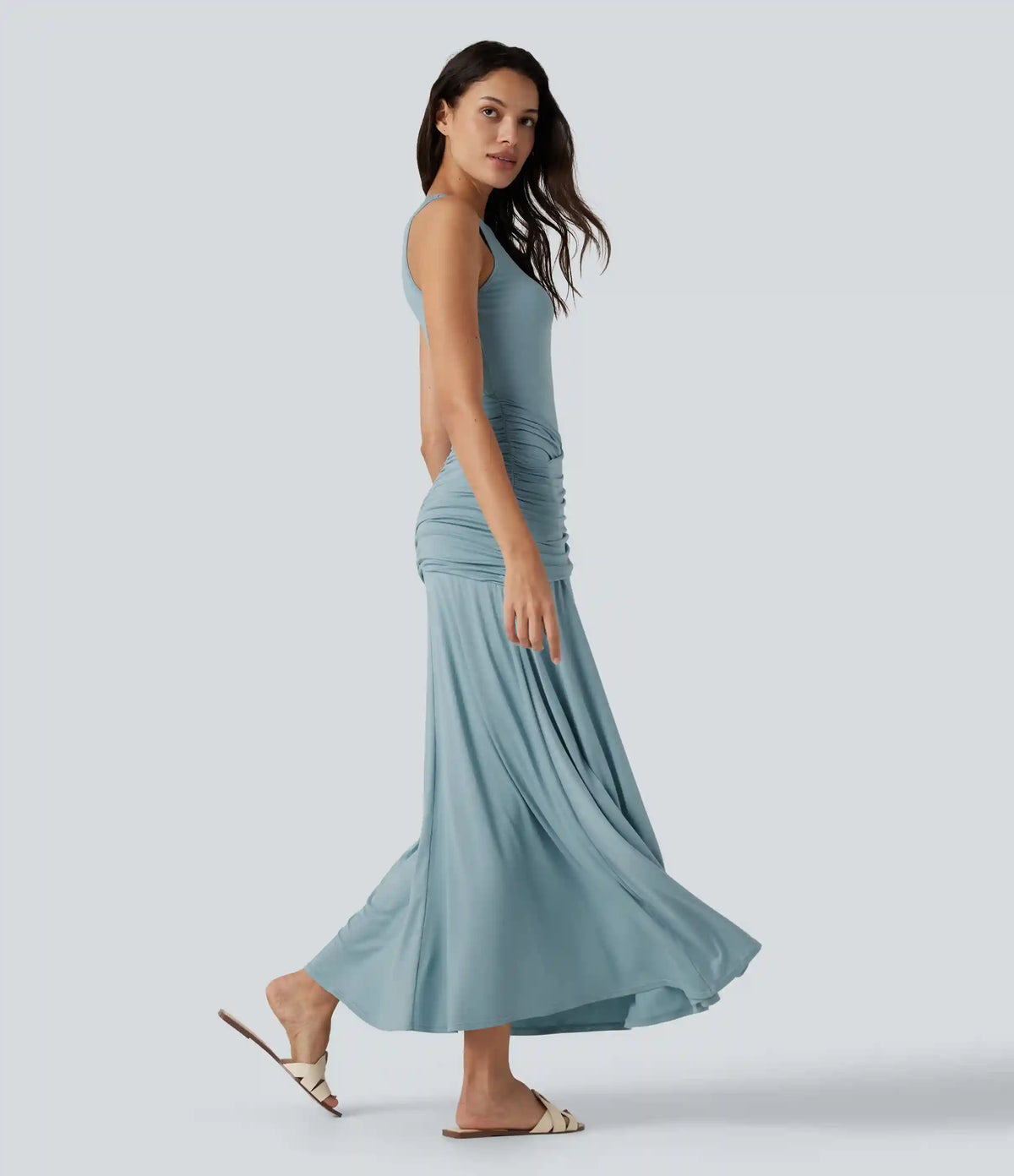 Round Neck Sleeveless Ruched Crossover Waist Maxi Casual Flowy Dress