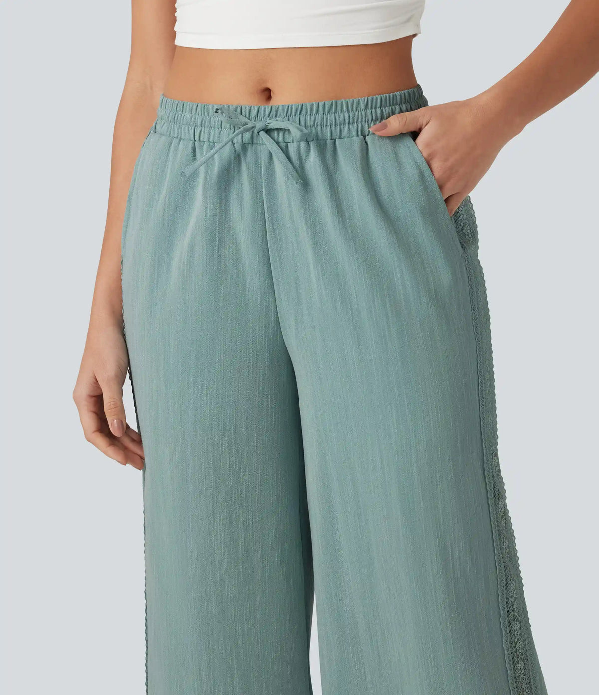 Mid Rise Drawstring Contrast Lace 2-in-1 Casual Linen-Feel Baggy Pants with Pockets