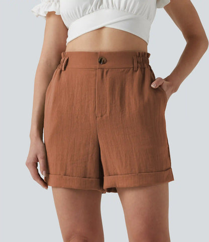 High Waisted Rolled Hem Linen-Feel Resort Shorts 5'' with Pockets