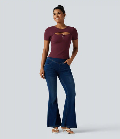 Ribbed Knit Round Neck Cut Out Short Sleeve Built-in Bra Casual T-Shirt