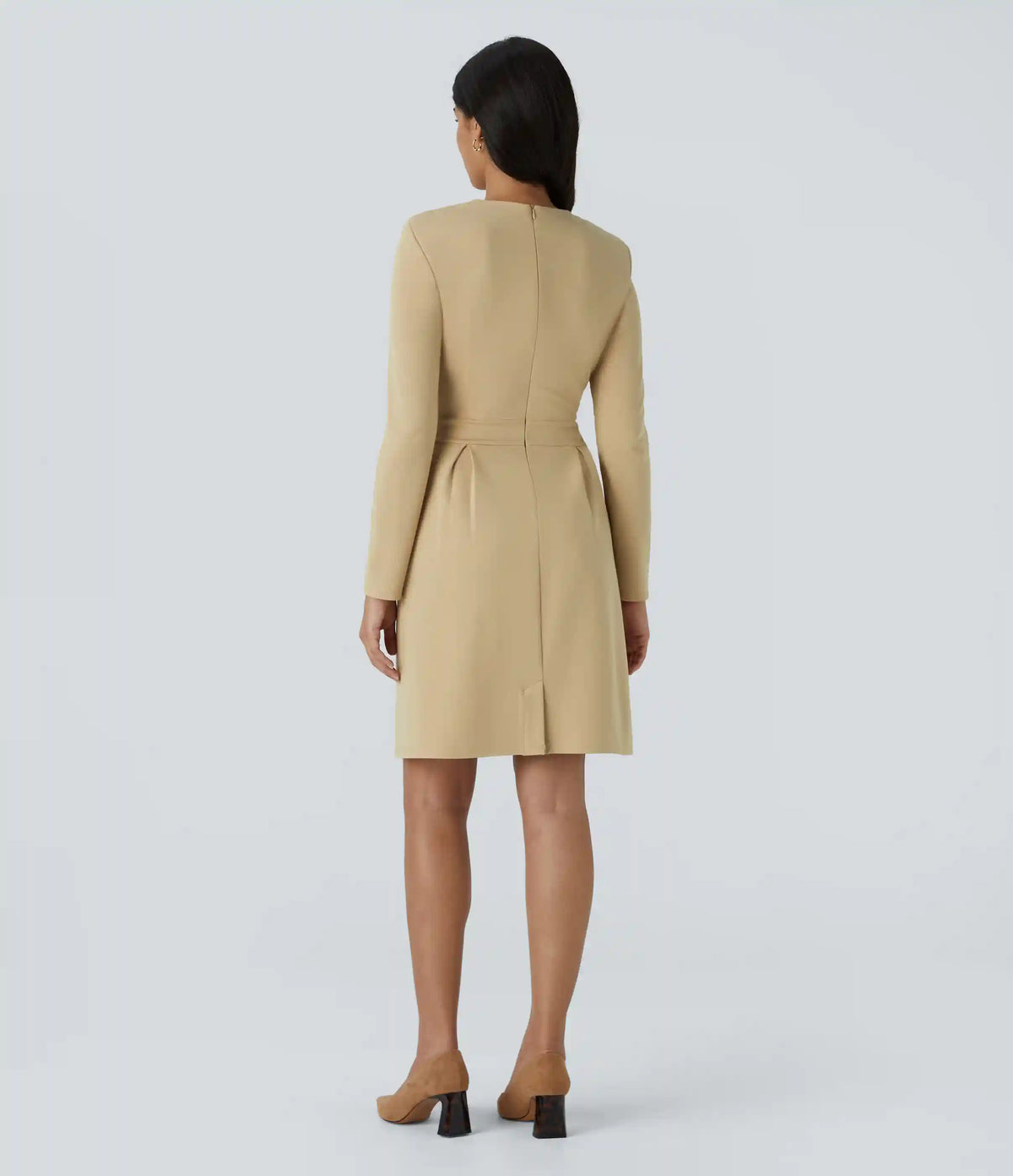 Round Neck Shoulder Pad Long Sleeve Hem Slim Mini Work Dress