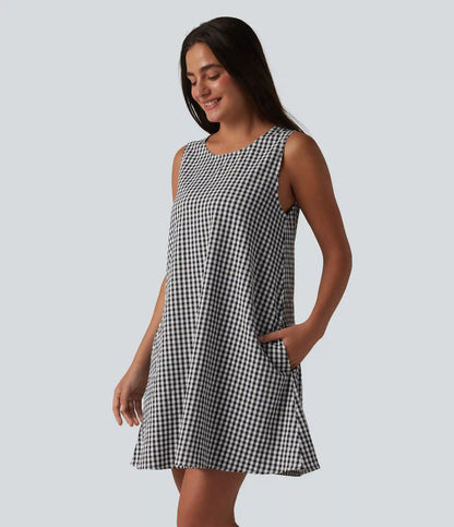 Round Neck Sleeveless Mini Crinkle Gingham Casual Tank Dress with Pockets