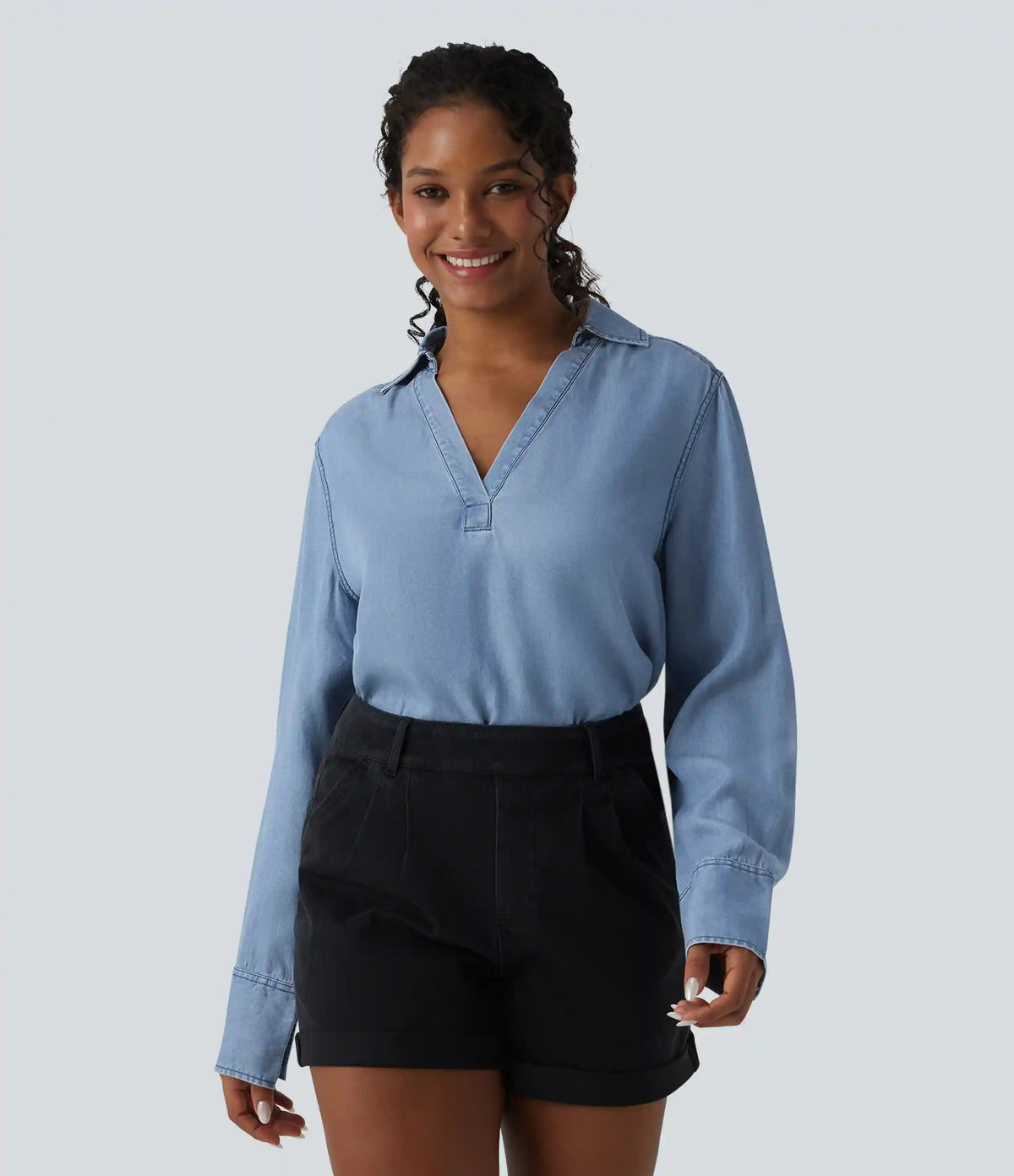 V Neck Long Sleeve Denim Casual Blouse