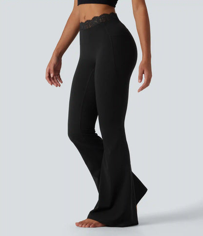 Halara UltraSculpt™ Mid Rise Contrast Lace Ruched Flare Yoga Leggings with Pockets