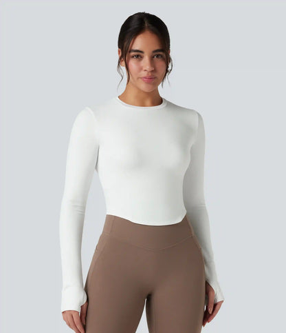 OneForm Seamless Flow Round Neck Long Sleeve Thumb Hole Curved Hem Yoga Sports Top