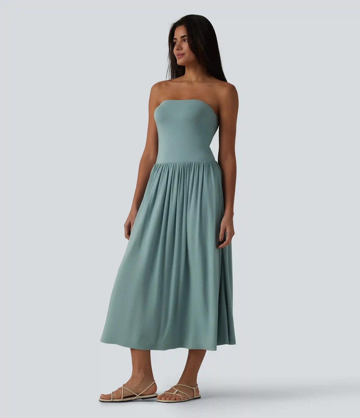 Tube Ruched Flowy Midi Casual Dress