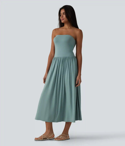 Tube Ruched Flowy Midi Casual Dress