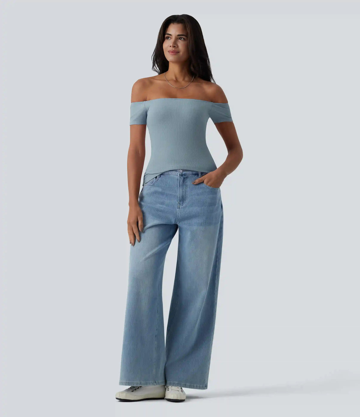 Ribbed Knit Off Shoulder Short Sleeve 2-in-1 Casual Top
