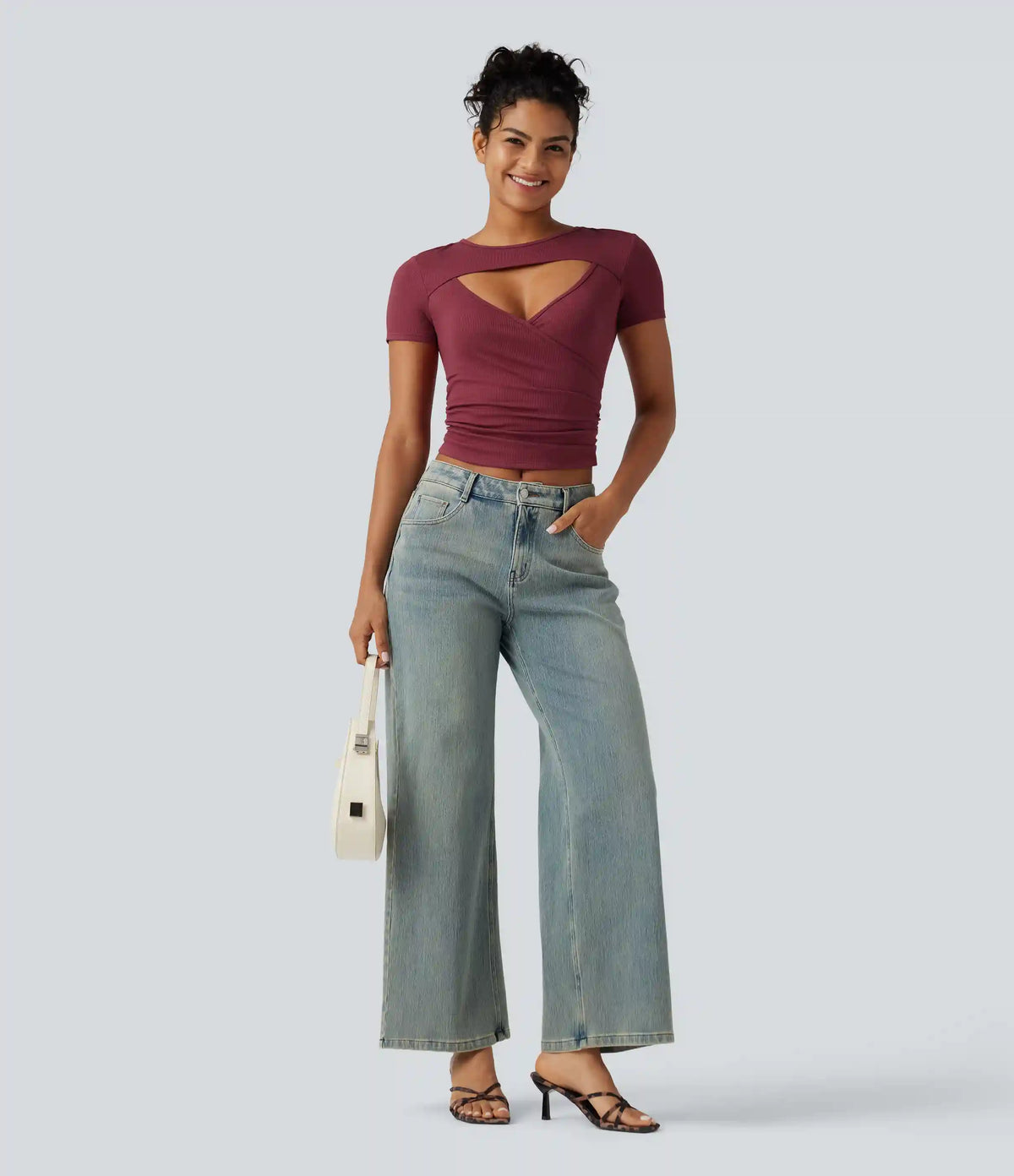 Ribbed Knit Round Neck Cut Out Short Sleeve Ruched Casual T-Shirt