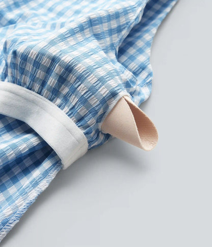 Round Neck Sleeveless Built-in Bra Midi Crinkle Gingham Casual Tank Dress with Pockets