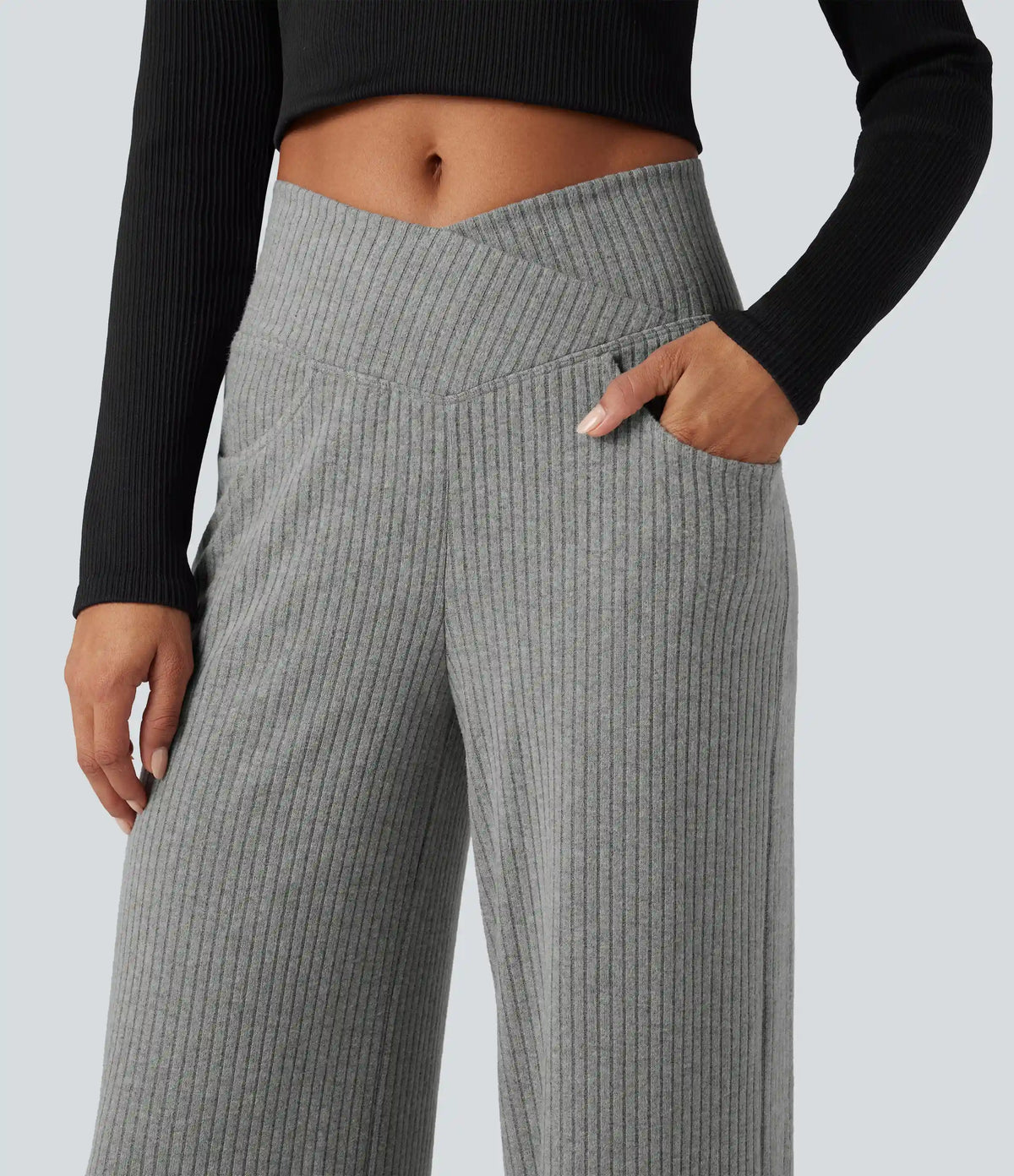 Ribbed Knit High Waisted Crossover Tummy Control Straight Leg Casual Pants with Pockets