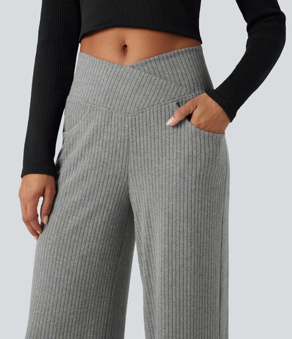 Ribbed Knit High Waisted Crossover Tummy Control Straight Leg Casual Pants with Pockets