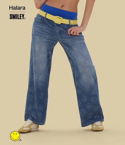 Halara X Smiley® Halara Flex™ Asymmetric Low Rise Baggy Wide Leg Washed Casual Jeans with Pockets