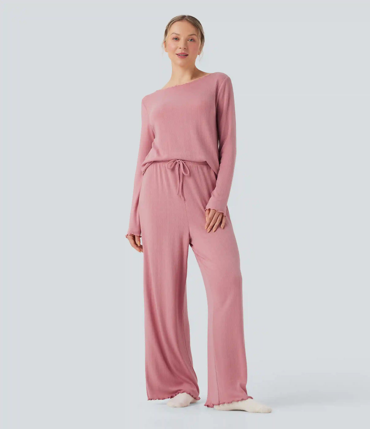 Ribbed Knit Pointelle High Waisted Drawstring Lettuce Trim Straight Leg Lounge Pants