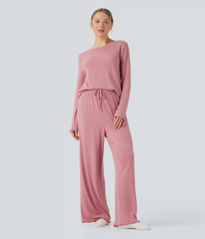 Ribbed Knit Pointelle High Waisted Drawstring Lettuce Trim Straight Leg Lounge Pants
