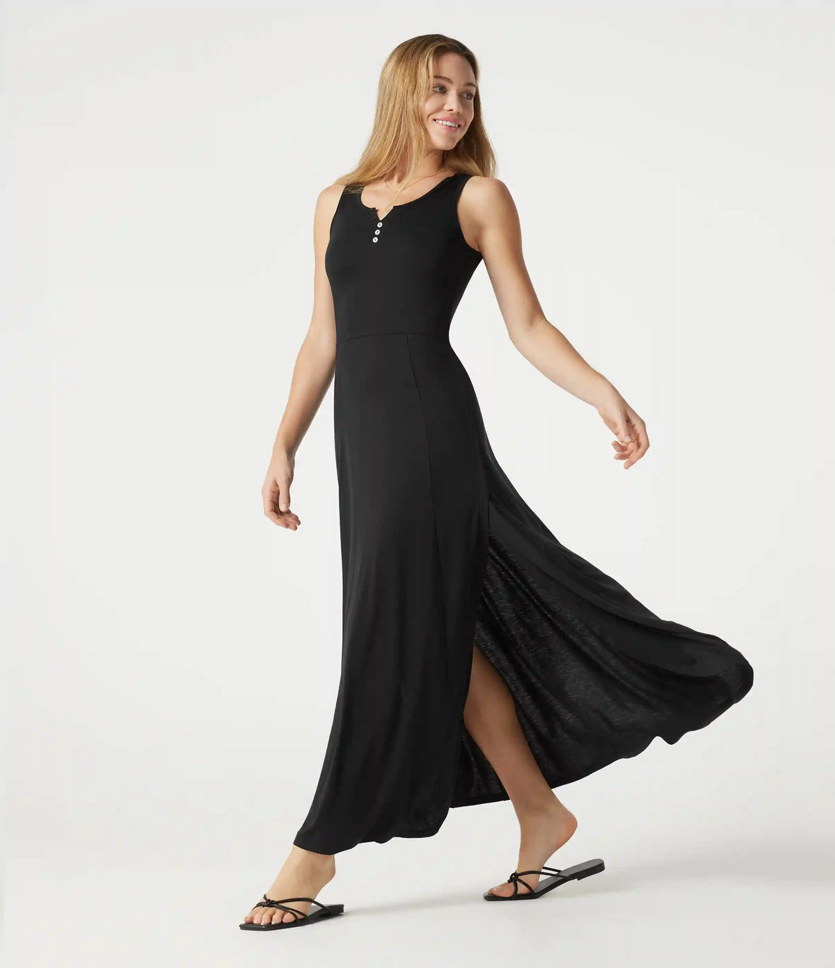 Notched Sleeveless Split Maxi Casual Flowy Dress