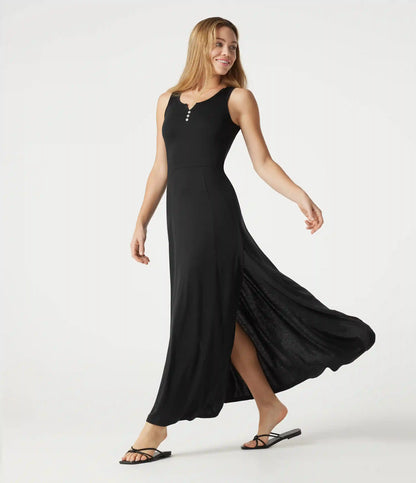 Notched Sleeveless Split Maxi Casual Flowy Dress
