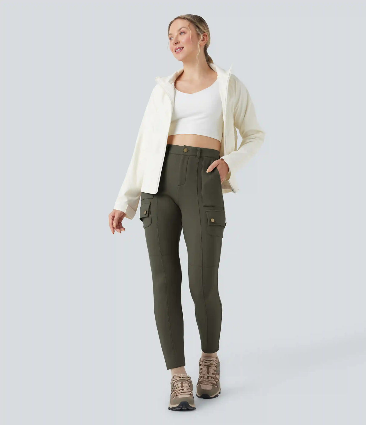 High Waisted Skinny Fleece Hiking Cargo Pants with Pockets