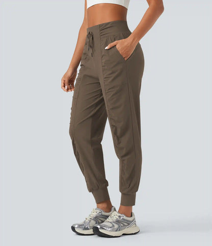 High Waisted Drawstring Ruched Tapered Quick Dry Cool Touch Dance Joggers with Pockets-UPF40+