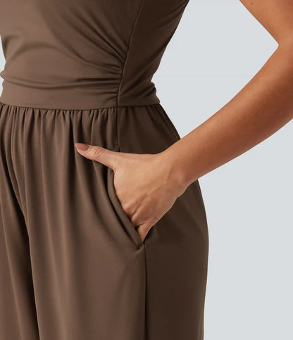 U Neck Sleeveless Crossover Built-in Bra Wide Leg Casual Jumpsuit with Pockets--Easy Peezy