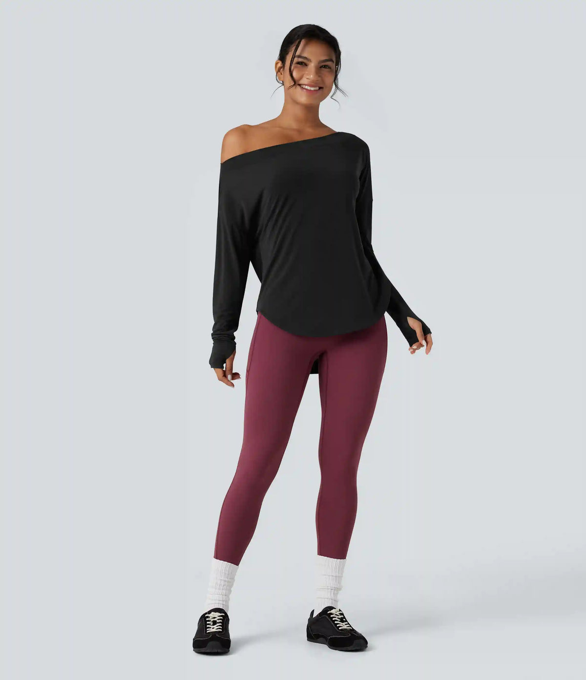 One Shoulder Long Sleeve Thumb Hole Curved Hem High Low Quick Dry Yoga Sports Top-Built-in Bra