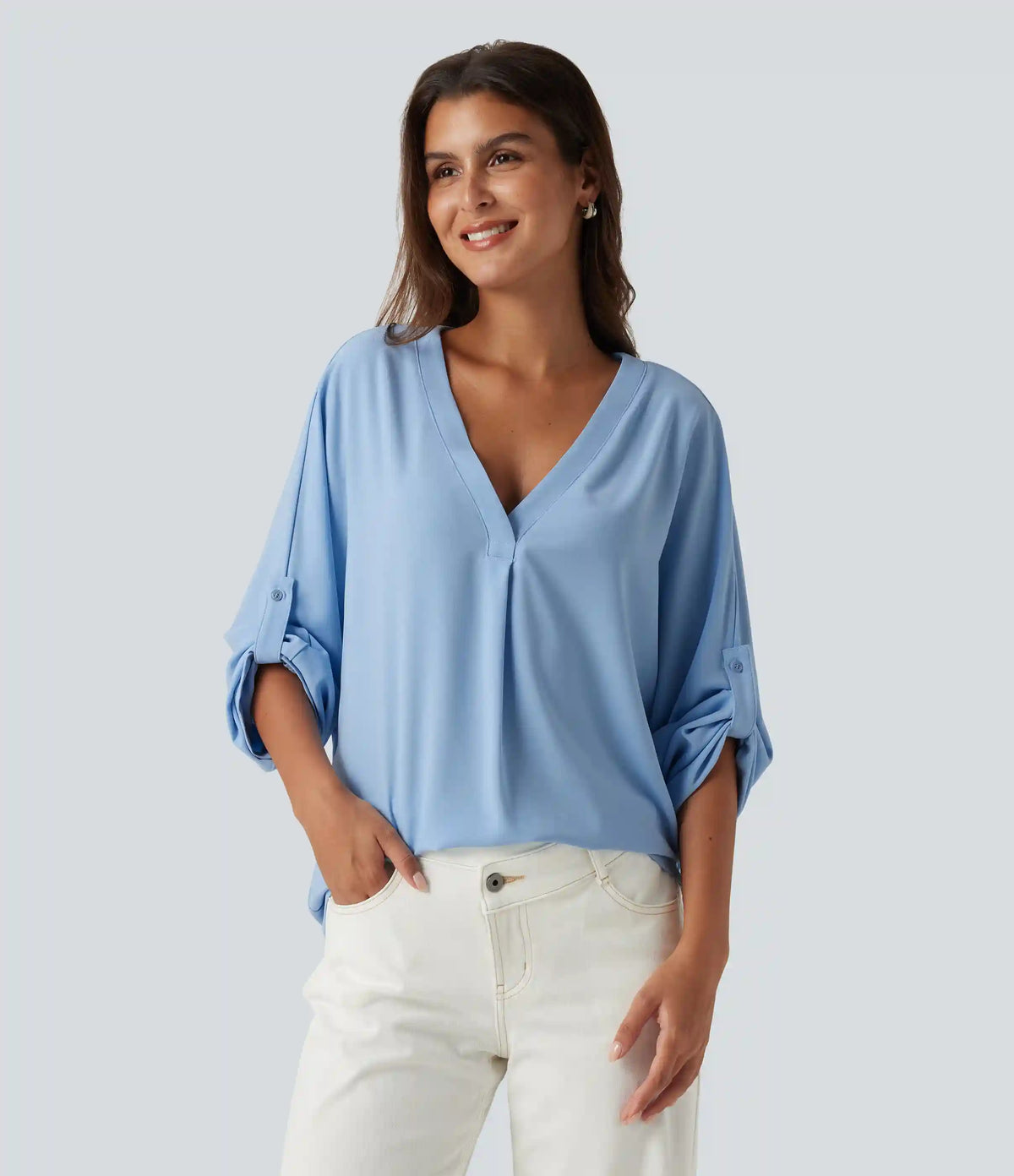 V Neck Batwing Long Sleeve Work Blouse