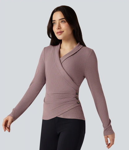 Ribbed Knit V-neck Crossover Long Sleeve Work Top