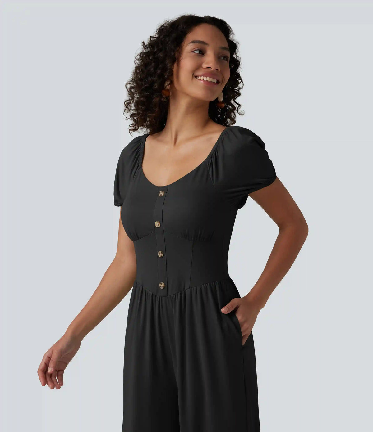 V Neck Puff Short Sleeve Non-Removable Pad Corset Jumpsuit with Pockets