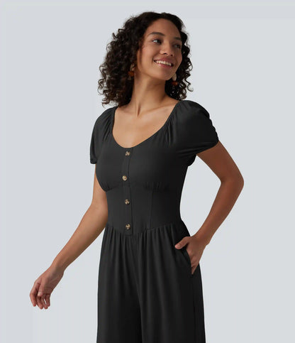 V Neck Puff Short Sleeve Non-Removable Pad Corset Jumpsuit with Pockets