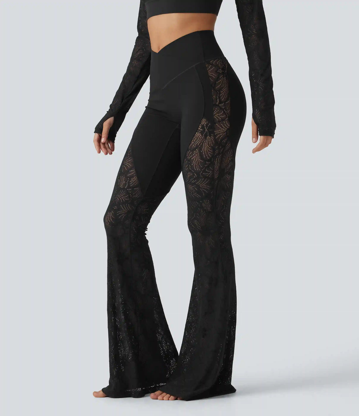 Halara UltraSculpt™ High Waisted Crossover Tummy Control Contrast Lace Yoga Flare Leggings with Pockets