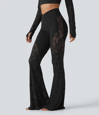 Halara UltraSculpt™ High Waisted Crossover Tummy Control Contrast Lace Yoga Flare Leggings with Pockets