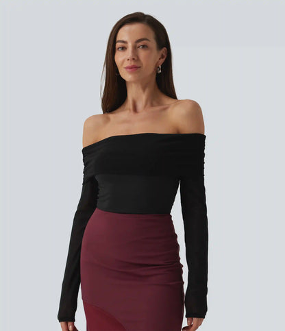 SoftlyZero™ Plush Off Shoulder Mesh Long Sleeve Top