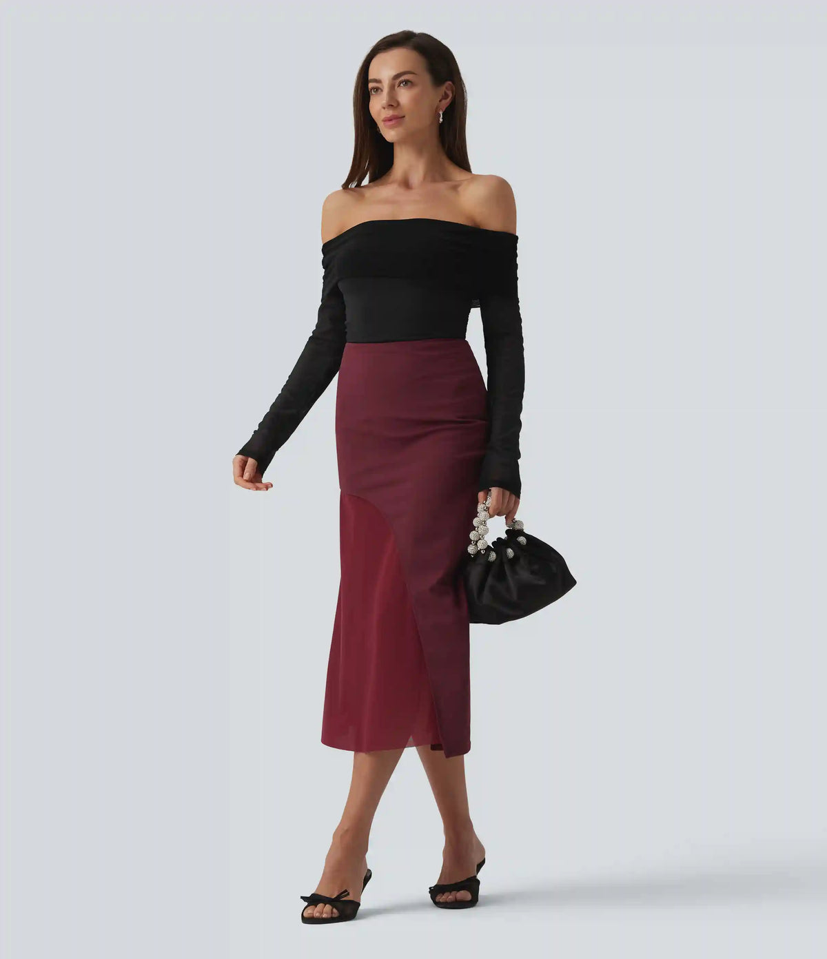 SoftlyZero™ Plush Off Shoulder Mesh Long Sleeve Top