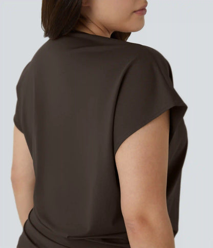 V Neck Cap Sleeve Crossover Ruched Solid Work Plus Size Blouse