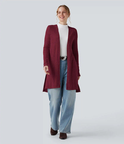 Ribbed Knit Long Sleeve Split Casual Cardigan