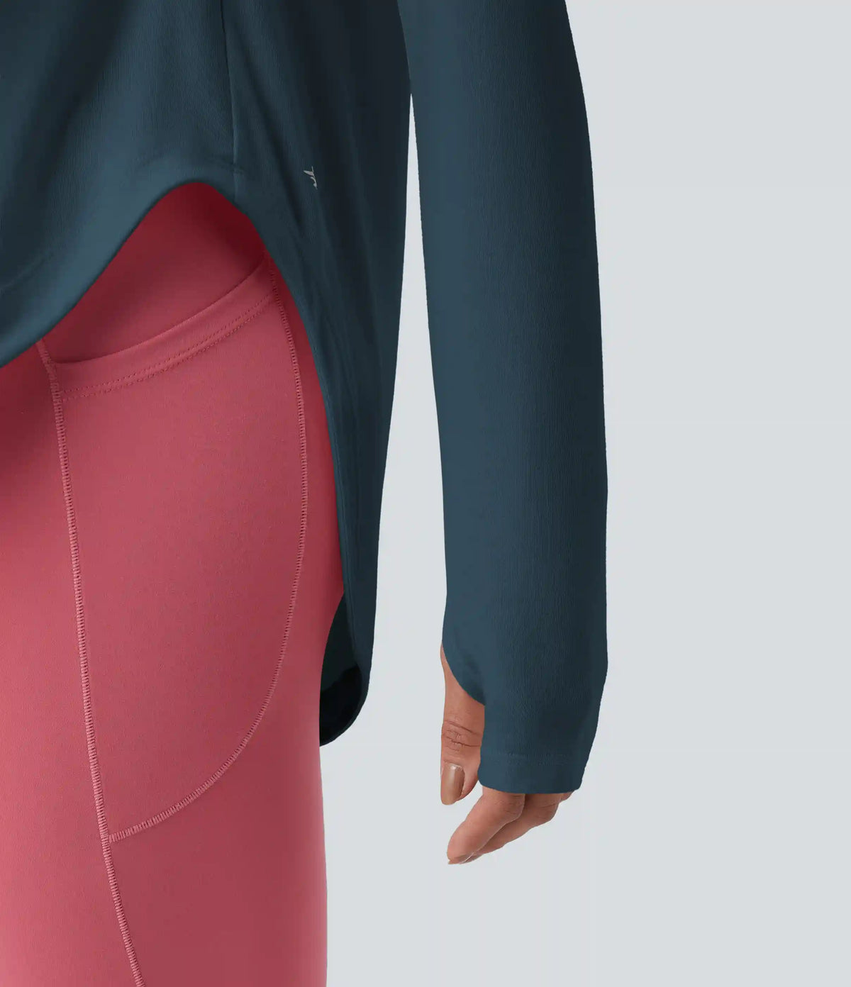 One Shoulder Long Sleeve Thumb Hole Curved Hem High Low Quick Dry Yoga Sports Top-Built-in Bra