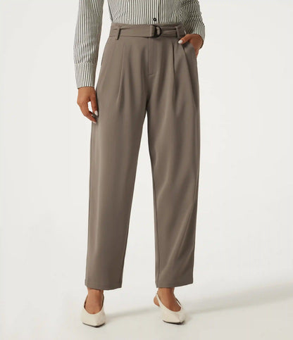 High Waisted Belted Tapered Work Pants with Pockets