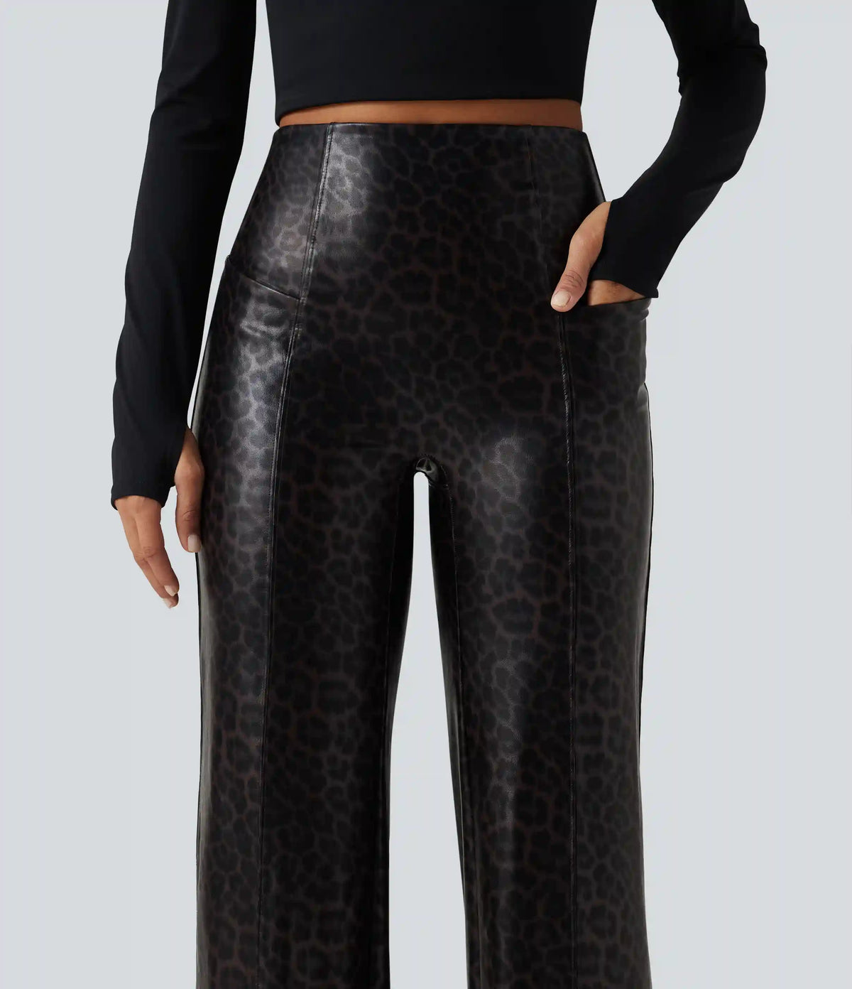 High Waisted Stretchy PU Leopard Print Leather Flare Casual Pants with Pockets